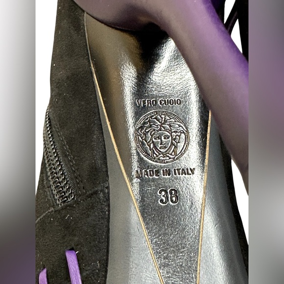 VERSACE Platform Open toe Black suede leather Ankle boots 38 - $1020 US - Picture 11 of 16